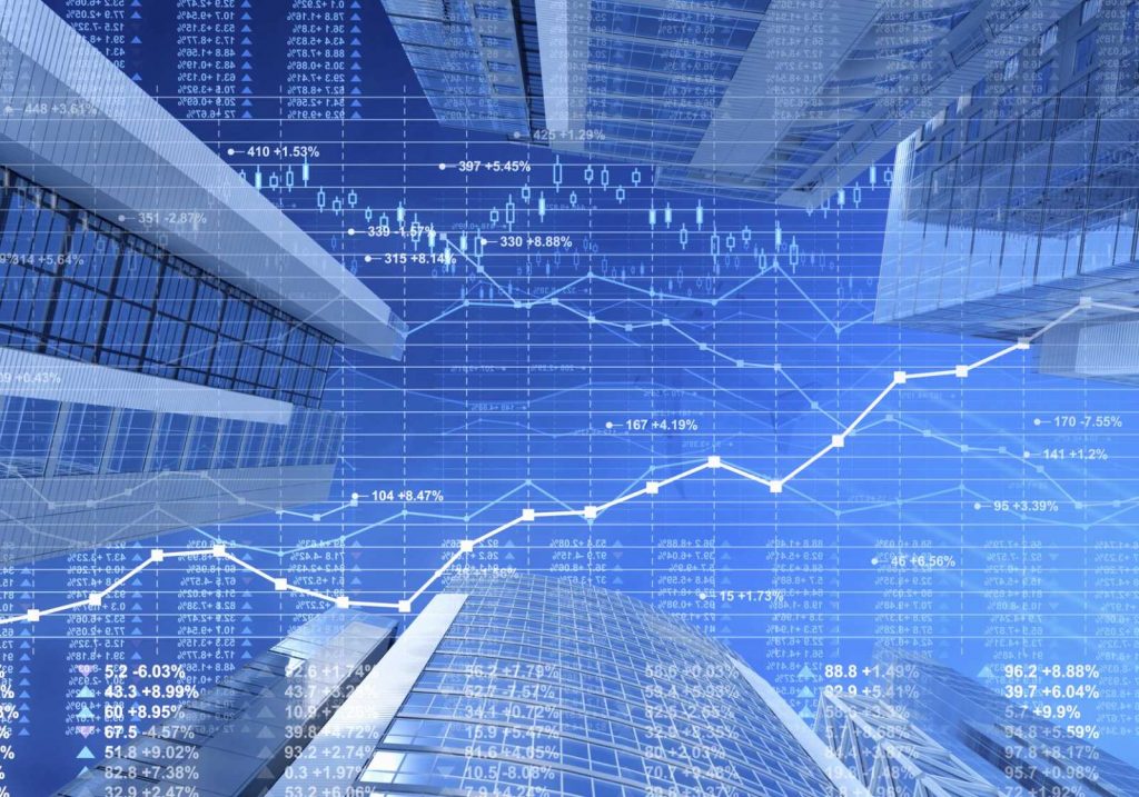 Business city stock market data and finance charts on skyscrapers